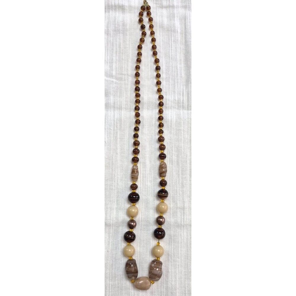 Vintage Long Beaded Necklace Brown & Cream Agate-Like Beads Glass Accents & Gold - Picture 5 of 9